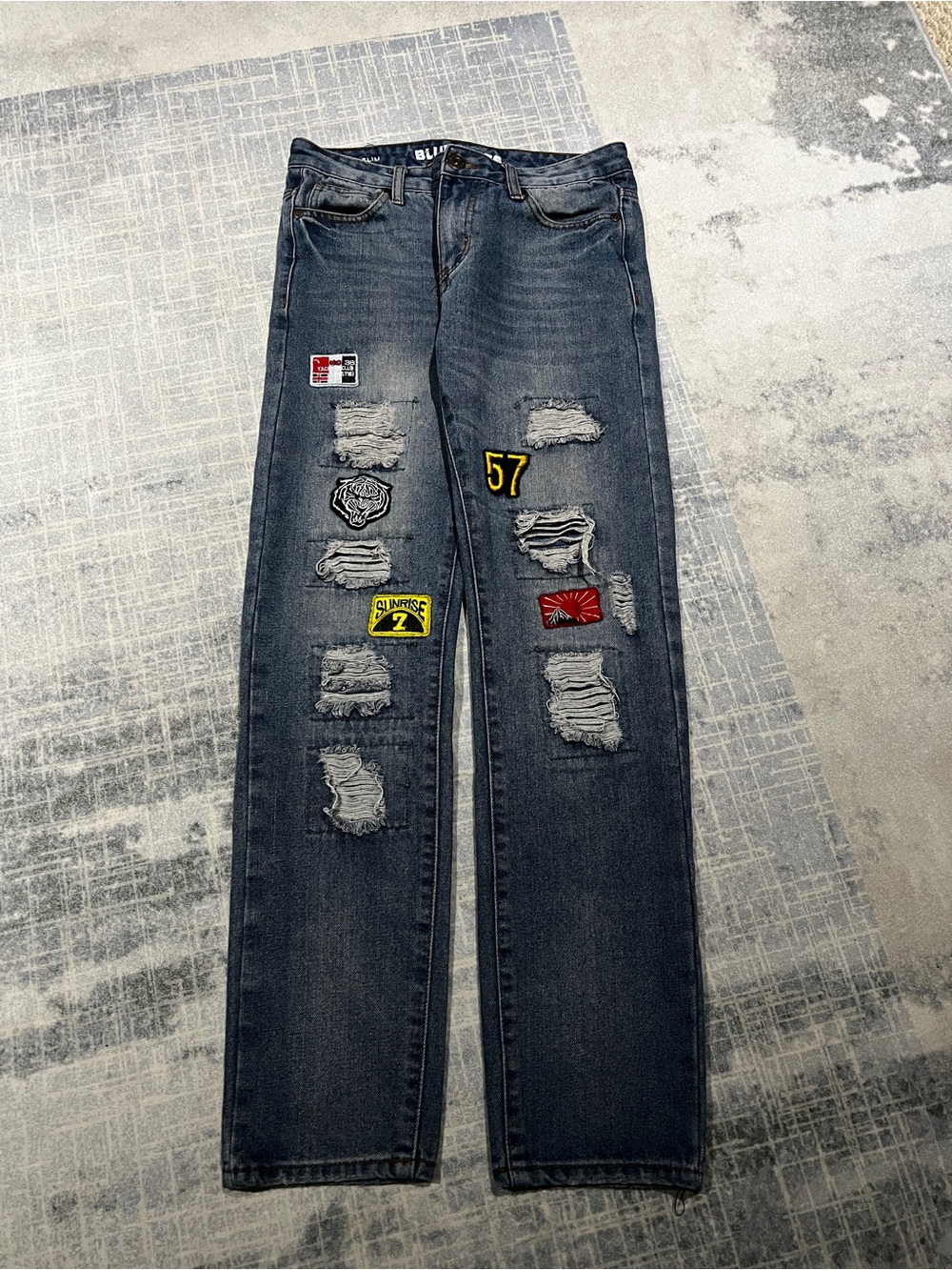 Distressed Patchwork Slim Jeans